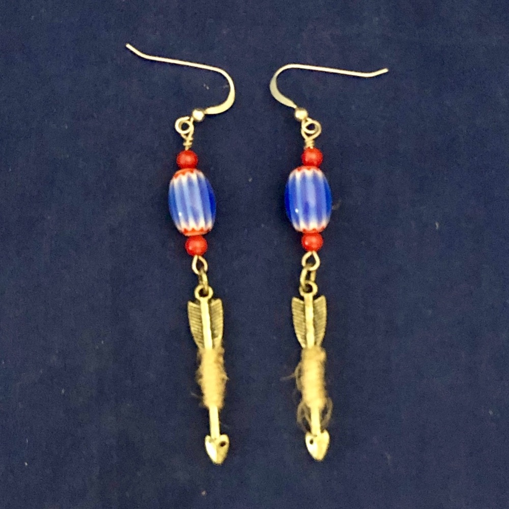 Blue & Red Trade Bead Arrow Earrings 925 Ear Wires